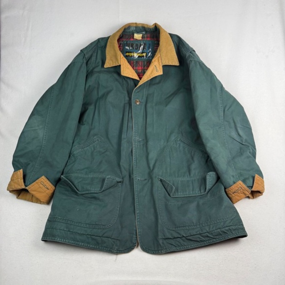 Urban Equipment Mens Green Canvas Barn Coat‎ Corduroy Trim Plaid Lined XL Large